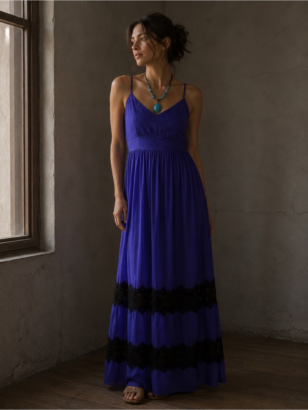 NWT Bebe Deep Purple Black Spaghetti Strap Lace Maxi Lined Silky Dress Size Med
